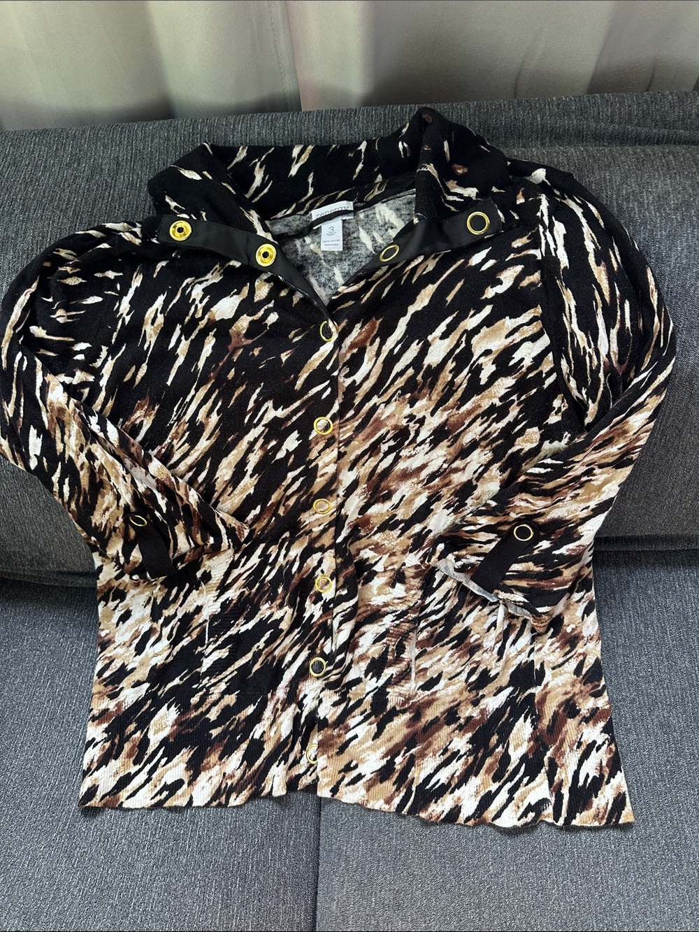 Chico’s Women's Animal Print Snap Front Cardigan in Black Brown white sz 3
